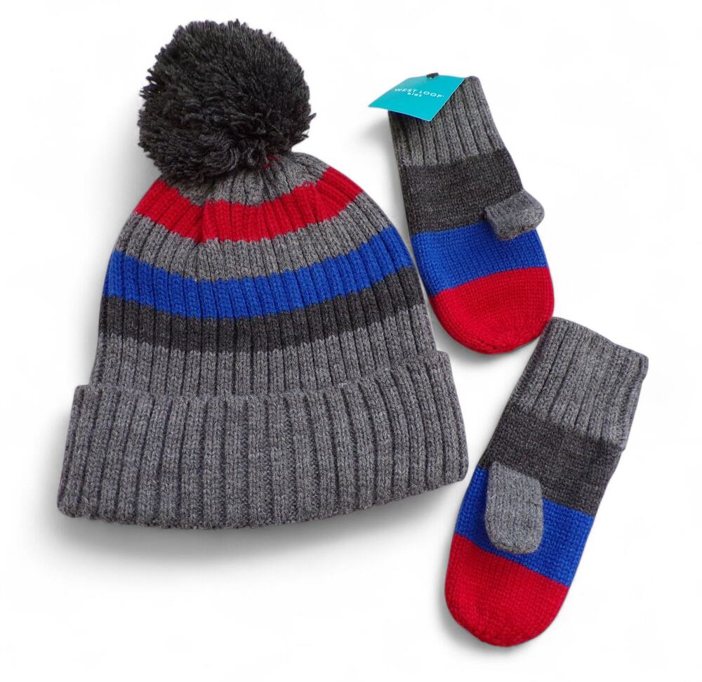 West Loop Kid's Hat Mitten Set Ribbed Pom Pom Gray Blue Red One Size